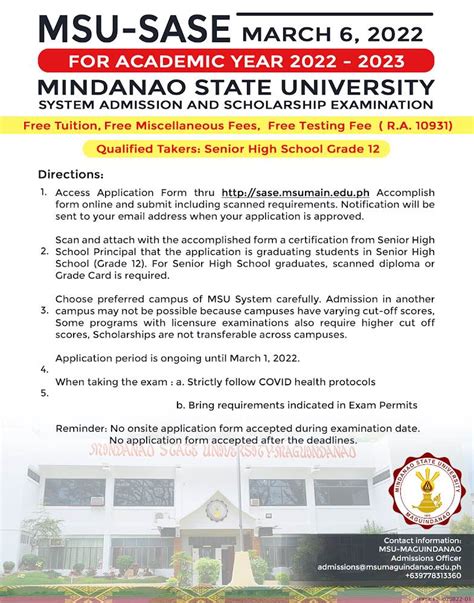 MSU SASE and SHSEE schedules .